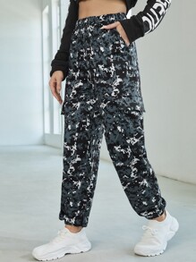 Allover Print Flap Pocket Sports Pants