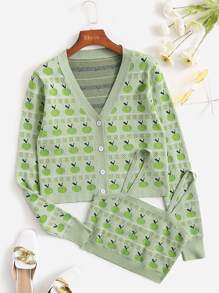 Apple Pattern Cardigan With Knit Cami Top