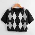 Argyle Pattern Button Front Knit Top