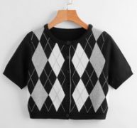 Argyle Pattern Button Front Knit Top