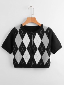 Argyle Pattern Button Front Knit Top