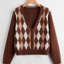 Argyle Pattern Button Front V-Neck Cardigan