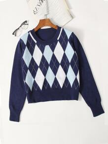 Argyle Pattern Crew Neck Sweater