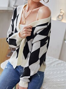 Argyle Pattern Drop Shoulder Cardigan