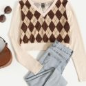 Argyle Pattern Ribbed Knit Tee