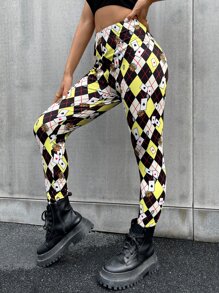 Argyle & Playing Card Print High Waist Leggings