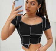 Asymmetrical Hem Contrast Stitch Crop Tee