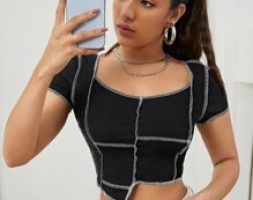 Asymmetrical Hem Contrast Stitch Crop Tee