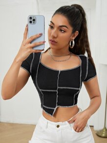 Asymmetrical Hem Contrast Stitch Crop Tee