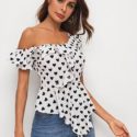 Asymmetrical Neck Heart Print Peplum Top