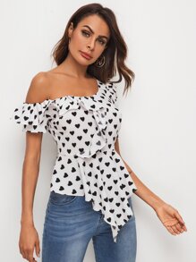 Asymmetrical Neck Heart Print Peplum Top