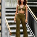 Backless Knot Front Crop Halter Top & Cut Out Waist Flare Leg Pants