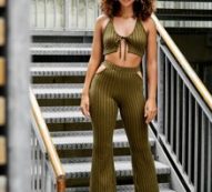 Backless Knot Front Crop Halter Top & Cut Out Waist Flare Leg Pants