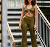 Backless Knot Front Crop Halter Top & Cut Out Waist Flare Leg Pants