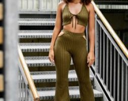 Backless Knot Front Crop Halter Top & Cut Out Waist Flare Leg Pants