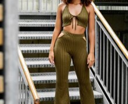 Backless Knot Front Crop Halter Top & Cut Out Waist Flare Leg Pants