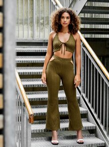 Backless Knot Front Crop Halter Top & Cut Out Waist Flare Leg Pants