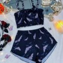 Bat Print Frill Trim Satin Cami Top & Shorts PJ Set