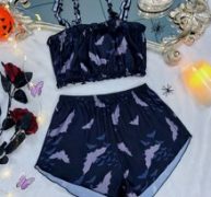 Bat Print Frill Trim Satin Cami Top & Shorts PJ Set
