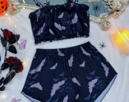 Bat Print Frill Trim Satin Cami Top & Shorts PJ Set