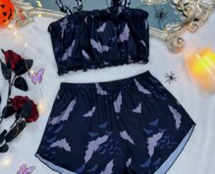 Bat Print Frill Trim Satin Cami Top & Shorts PJ Set