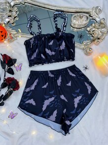 Bat Print Frill Trim Satin Cami Top & Shorts PJ Set