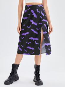 Bat Print Split Skirt