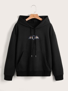 Bats Embroidery Drawstring Hoodie