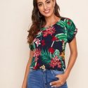 Batwing Sleeve Tropical Print Top