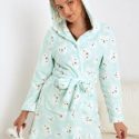 Bear Print Pocket Front Belted Hooded Flannel Lounge Robe