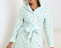 Bear Print Pocket Front Belted Hooded Flannel Lounge Robe