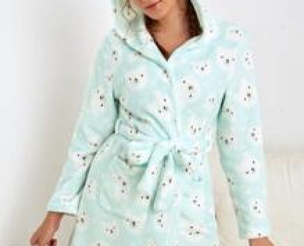 Bear Print Pocket Front Belted Hooded Flannel Lounge Robe