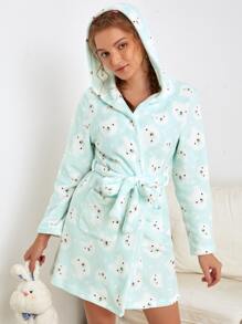 Bear Print Pocket Front Belted Hooded Flannel Lounge Robe