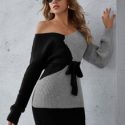 Belted Ribbed Two-Tone Mini Sweater Dress