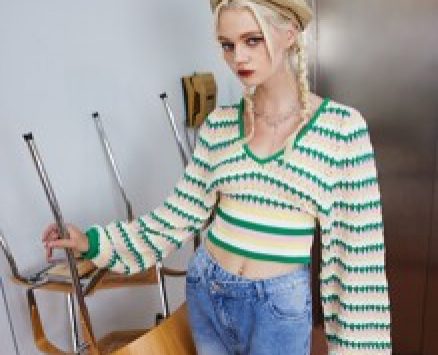 Bishop Sleeve Stripe Crop Sweater