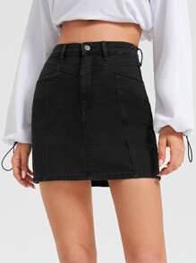 Black Wash Straight Denim Skirt