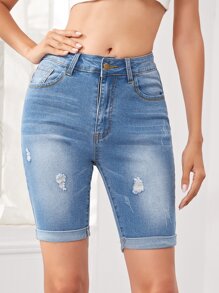 Bleach Wash Cuff Bermuda Denim Shorts