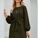 Boat Neck Bishop Sleeve Belted Dress