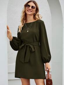 Boat Neck Bishop Sleeve Belted Dress