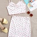 Bow Detail Ruched Front Lettuce Trim Ditsy Floral Cami Top & Skirt Set