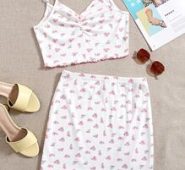 Bow Detail Ruched Front Lettuce Trim Ditsy Floral Cami Top & Skirt Set