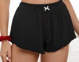 Bow Front Lettuce Trim Ribbed Pajama Shorts