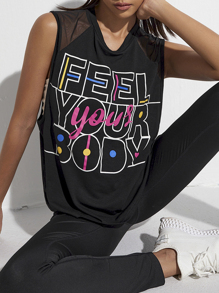 Breathable Slogan Graphic Mesh Insert Sports Tank