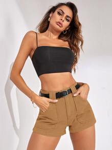 Buckle Belted Slant Pocket Denim Shorts