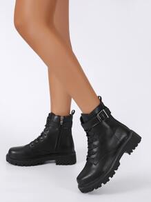 Buckle Decor Lace-up Combat Boots