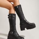 Buckle Decor Lace-up Wedge Boots