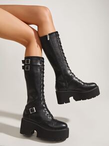 Buckle Decor Lace-up Wedge Boots