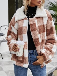 Buffalo Plaid Zip Up Teddy Coat