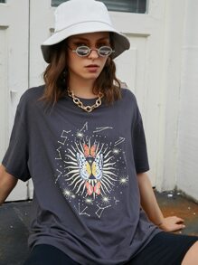 Butterfly And Constellation Print Oversized Tee