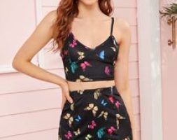 Butterfly Print Cropped Cami Top & Mini Skirt Set